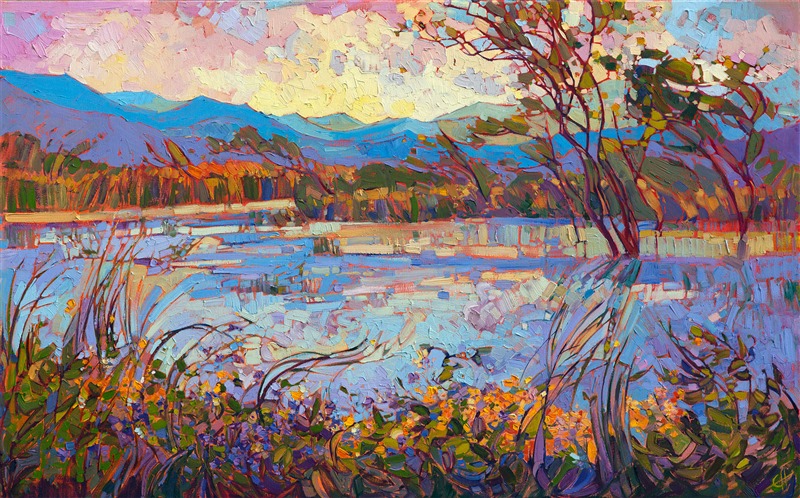 A colorful California marsh reflects the cool dawn light, a sparkling mosaic of textures and flowers dancing in the foreground.  This painting will bring fresh life and movement into your room.