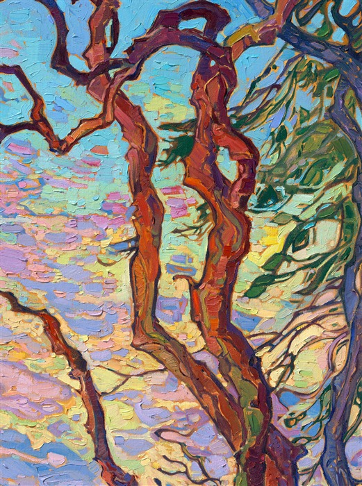 Washington's madrone trees are so fun to paint--their twisting, twirling, multi-colored bark is captured in thick, expressive brush strokes of oil paint. A sunrise-colored sky fills the background in this painting of the San Juan islands.