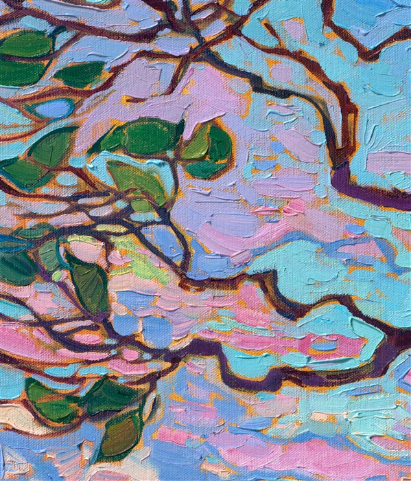 Washington's madrone trees are so fun to paint--their twisting, twirling, multi-colored bark is captured in thick, expressive brush strokes of oil paint. A sunrise-colored sky fills the background in this painting of the San Juan islands.