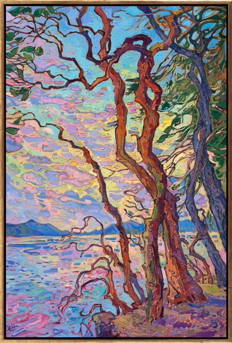 Washington's madrone trees are so fun to paint--their twisting, twirling, multi-colored bark is captured in thick, expressive brush strokes of oil paint. A sunrise-colored sky fills the background in this painting of the San Juan islands.