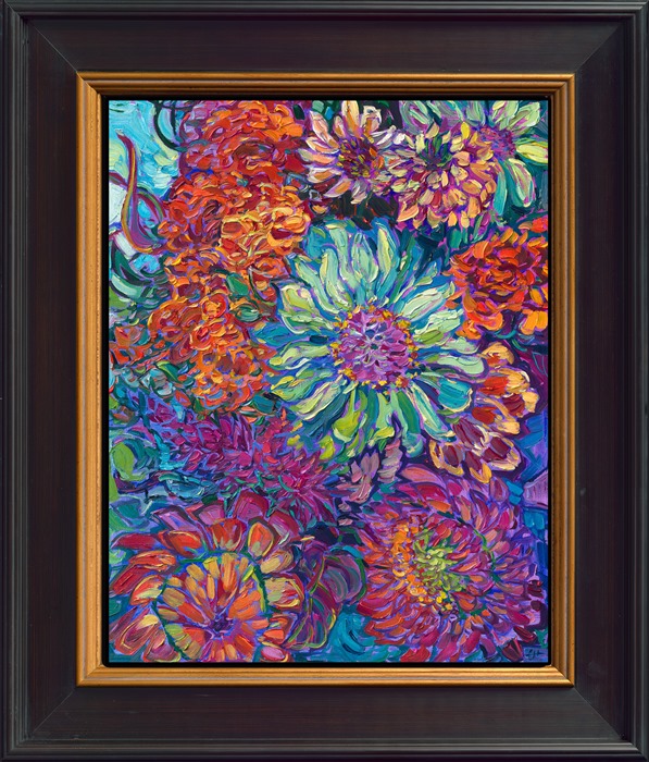 A bowl of exotic flowers caught my eye, and I had to paint their unusual colors of pale green and magenta. I use thick, expressive brush strokes to capture the detail and beauty of the blooms.</p><p>"Magenta Blooms" is an original oil painting on linen board. It arrives framed in a black and gold plein air frame, ready to hang. Please ask us for other framing options.