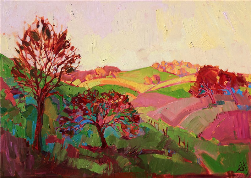 "Magenta Lights" has been donated to the <a href="https://lajollalibrary.org/" target="_blank">La Jolla Riford Library</a> in San Diego. You can view the painting above the fireplace in the main reading room of the public library.</p><p>About the painting:<br/>Apple green and lemon yellow hills curve into cool shadows, graced with alizarin oaks. The loose brush strokes capture the feel and emotion of central California's rolling hills.  You can see a glimpse of Hanson's trademark crooked fence on the first hill.<br/>