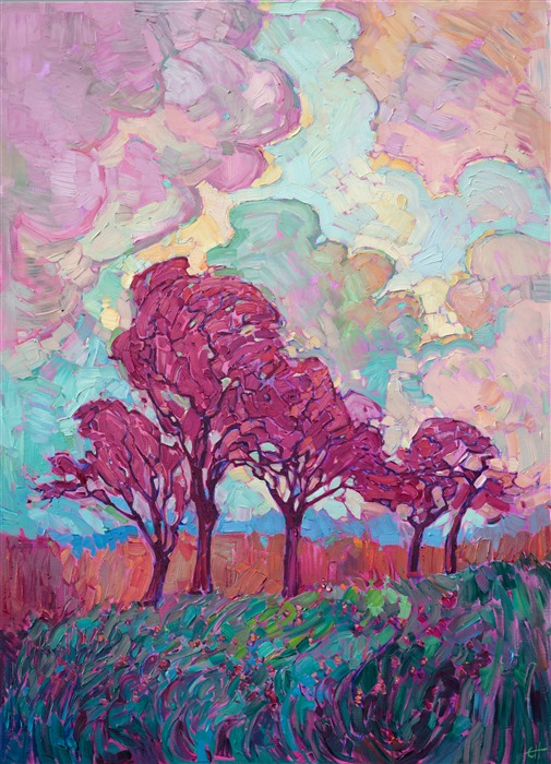 Bold abstract shapes come together in a beautiful expressionistic painting inspired by the landscapes around wine country. This painting revels in the natural beauty of this landscape and sky. The brush strokes are thick and impressionistic, full of life and movement.

This painting was done on 1-1/2" deep canvas, with the painting continued around the edges.  This painting has been framed in a carved gold floater frame.