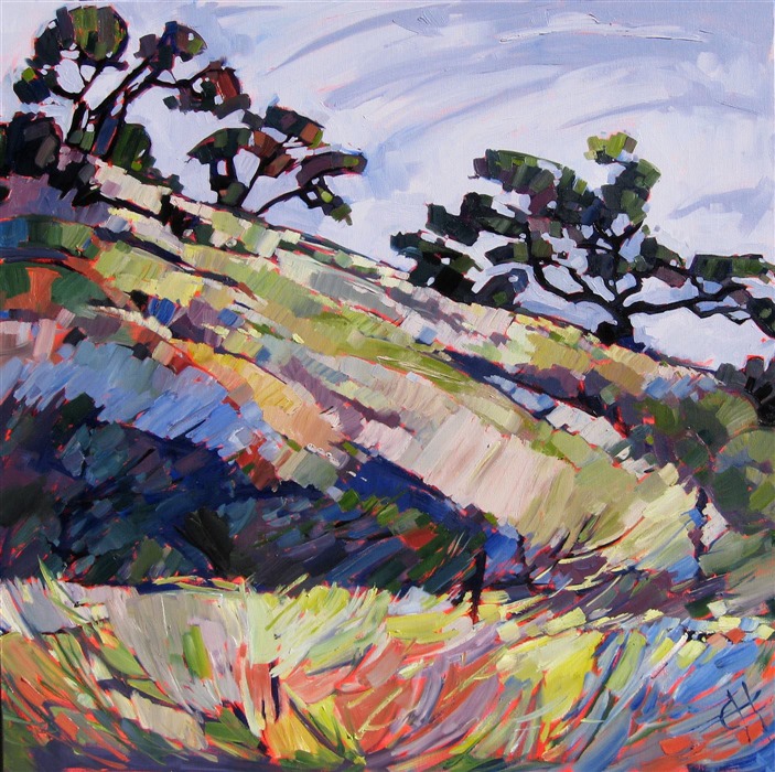 Erin spent many happy weekends rock climbing at Malibu Creek State Park, after moving back to California. This painting captures the beautiful springtime colors of the oaks and hillsides.