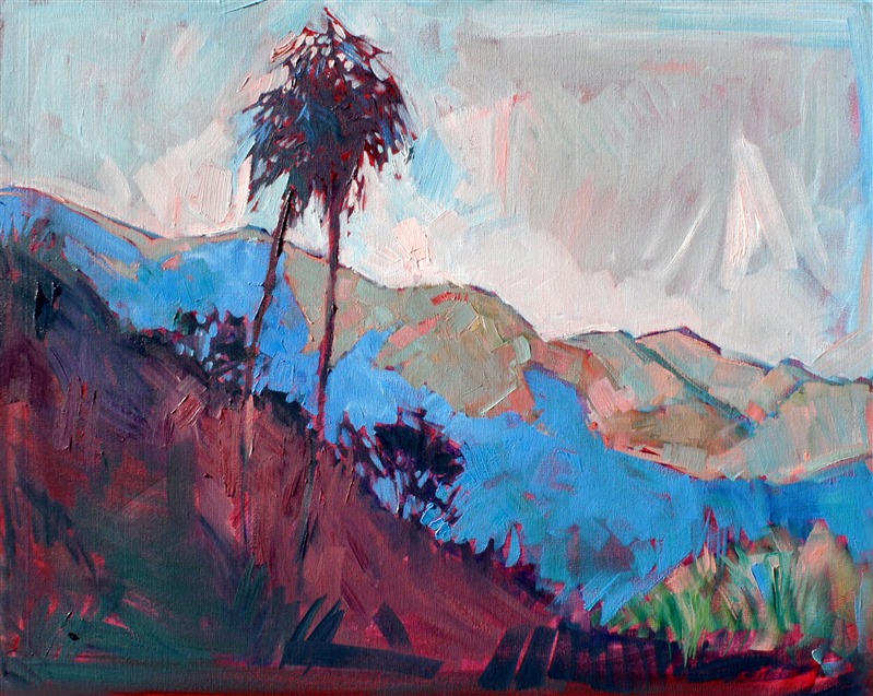 A pop of color shapes the ocean-side cliffs of Malibu, California, the sky-darkened palms stretching into the sky. Loose brush strokes capture the movement and life of the moment.