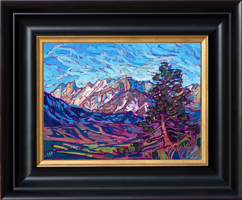 After exploring Mono Lake and the ancient Bristlecone Forest, I headed deeper into the Sierras to spend time backpacking among the alpine lakes, snow crunching under my boots, the sky bright and blue above. This painting captures the wintery beauty of the Sierra Nevadas near Mammoth Lakes.</p><p>"Mammoth" was created on linen board, and the piece arrives framed in a black and gold frame, ready to hang.