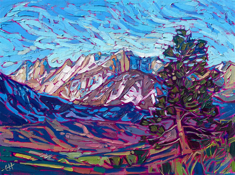 After exploring Mono Lake and the ancient Bristlecone Forest, I headed deeper into the Sierras to spend time backpacking among the alpine lakes, snow crunching under my boots, the sky bright and blue above. This painting captures the wintery beauty of the Sierra Nevadas near Mammoth Lakes.</p><p>"Mammoth" was created on linen board, and the piece arrives framed in a black and gold frame, ready to hang.