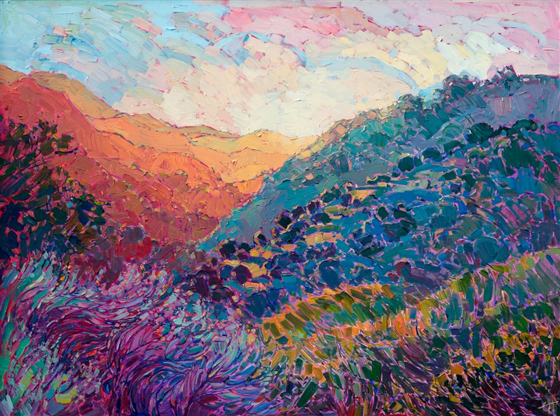 Vivid layers of color scintillate on the canvas, glowing with the beautiful light of central California wine country. The thick layers of buttercream-colored paint can only be described as "juicy."  This painting captures the life and motion of the wide outdoors, inspired by Carmel Valley, California.</p><p>This painting was done on 3/4" canvas, and the piece has been framed in a traditional gold frame.</p><p>