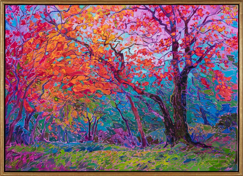 The tiny pointed leaves of the Japanese maple tree dance and frolic against a lavender-blue sky. The vivid colors of autumn form an abstract dance against the canvas, inviting your eye to roam into imagination.</p><p>"Maple Color" was inspired by Kyoto, Japan. The piece was created on 1-1/2" canvas, with the painting continued around the edges. It arrives framed in a custom-made, curved gold floater frame.