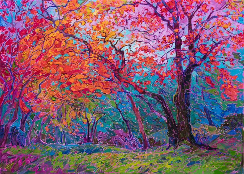 The tiny pointed leaves of the Japanese maple tree dance and frolic against a lavender-blue sky. The vivid colors of autumn form an abstract dance against the canvas, inviting your eye to roam into imagination.</p><p>"Maple Color" was inspired by Kyoto, Japan. The piece was created on 1-1/2" canvas, with the painting continued around the edges. It arrives framed in a custom-made, curved gold floater frame.
