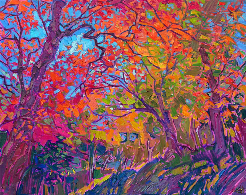 Beautifully arching branches of Japanese maple trees create an arbor of impressionistic color in this abstract landscape. The brush strokes are loose and expressive, capturing the lights and texture of the scene. This painting was inspired by an autumn trip to Kyoto, Japan.</p><p>The piece will be displayed at Erin Hanson's solo museum show <i><a href="https://www.erinhanson.com/Event/AlchemistofColor" target="_blank">Erin Hanson: Alchemist of Color</i></a> at the Channel Islands Maritime Museum in Oxnard, California. You may purchase this painting now, but the piece will not be delivered until after the show ends on December 28th, 2023.</p><p>"Maple Dreams" is an original oil painting done on stretched canvas. The piece arrives framed in a 23kt gold floating frame, ready to hang.