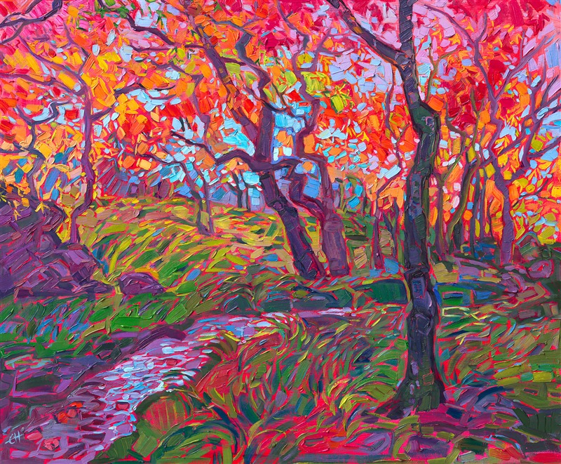 A forest of Japanese maple trees grows around a trickling brook, in this painting inspired by a temple in Kyoto, Japan. The brush strokes are loose and expressive, capturing the vivid beauty of autumn color.</p><p>"Maple Forest" is an original oil painting created on linen board. The piece arrives framed in a plein air frame, ready to hang.
