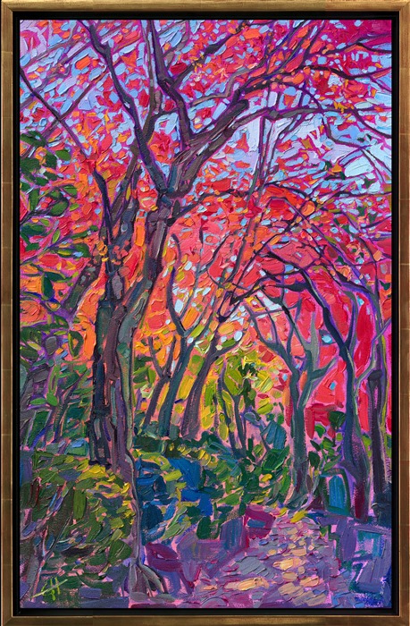 This oil painting captures the colors of autumn with thick, impressionistic brush strokes. The layers of contrasting colors create a sense of movement and excitement within the piece. Erin Hanson's modern style of painting is called Open Impressionism, and it involves placing brush strokes side-by-side, without layering. The effect is a stained-glass or mosaic look to her oil paintings.