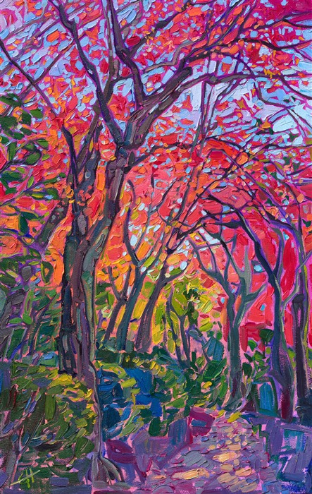 This oil painting captures the colors of autumn with thick, impressionistic brush strokes. The layers of contrasting colors create a sense of movement and excitement within the piece. Erin Hanson's modern style of painting is called Open Impressionism, and it involves placing brush strokes side-by-side, without layering. The effect is a stained-glass or mosaic look to her oil paintings.