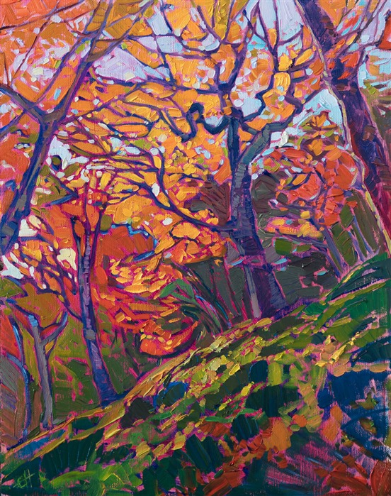 The back-lit Japanese maples glow in a rainbow of color, the gracefully twisting branches cutting abstract shapes between the delicate maple leaves. The brush strokes are lively and impressionistic, vibrant with color.</p><p>This painting was created on linen board, and it arrives ready to hang in a custom-made frame.