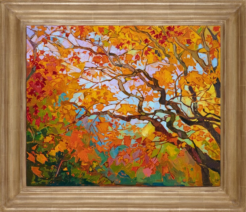 Japanese maple trees turn beautiful shades of gold in November. This oil painting captures the delicate beauty of the branches and the contrasting colors of the foliage against an autumn sky. This piece was inspired by Kyoto, Japan.</p><p>"Maple Golds" was created on fine linen board, and it arrives framed in a custom-made, gold plein air frame.