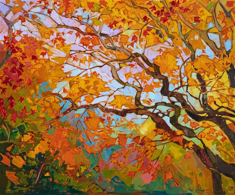 Japanese maple trees turn beautiful shades of gold in November. This oil painting captures the delicate beauty of the branches and the contrasting colors of the foliage against an autumn sky. This piece was inspired by Kyoto, Japan.</p><p>"Maple Golds" was created on fine linen board, and it arrives framed in a custom-made, gold plein air frame.