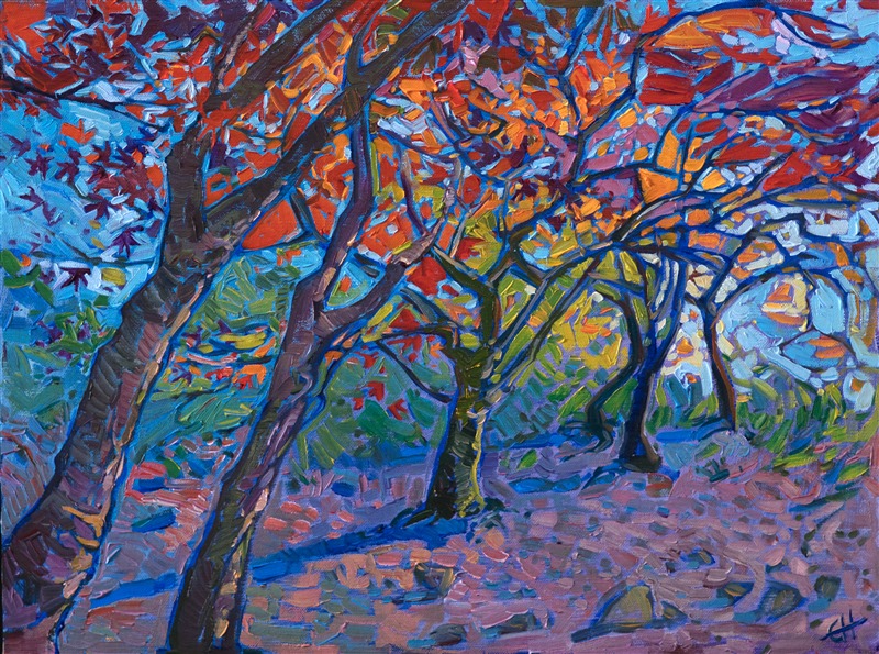 Japanese maple trees create abstract shapes in the landscape, their criss-crossing branches defining patterns among the brilliantly colored leaves.

This painting was created on linen board, and it arrives ready to hang in a custom-made frame.

This painting is being sold on consignment.