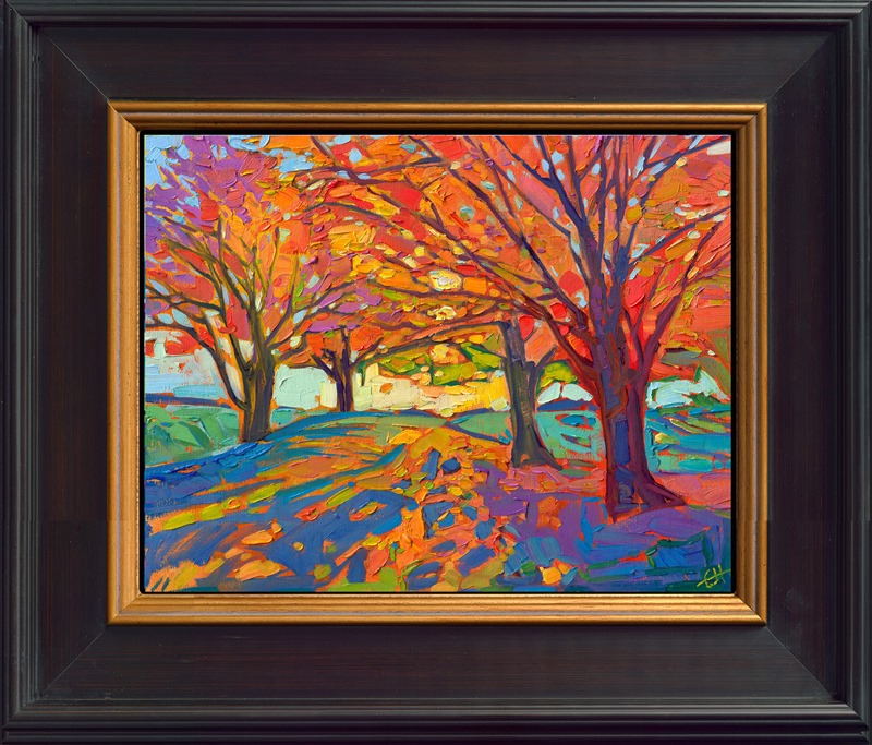 Northwest fall color is a sight to see. My favorite trees to paint are maple trees, with their wide range of colors from dark purple and fiery red, to orange, yellow, and the last hints of apple green.</p><p>"Maple Hills" is an original oil painting on linen board. The piece arrives framed in a wide, custom frame designed to set off the colors in the piece.</p><p>This painting will be displayed at Erin Hanson's annual <a href="https://www.erinhanson.com/Event/ErinHansonSmallWorks2022" target=_"blank"><i>Petite Show</a></i> on November 19th, 2022, at The Erin Hanson Gallery in McMinnville, OR.