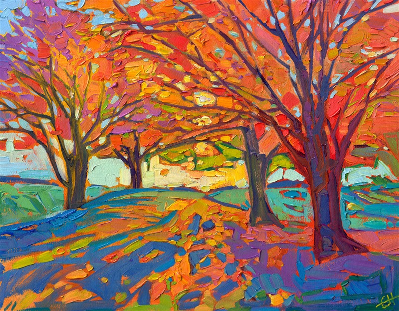 Northwest fall color is a sight to see. My favorite trees to paint are maple trees, with their wide range of colors from dark purple and fiery red, to orange, yellow, and the last hints of apple green.</p><p>"Maple Hills" is an original oil painting on linen board. The piece arrives framed in a wide, custom frame designed to set off the colors in the piece.</p><p>This painting will be displayed at Erin Hanson's annual <a href="https://www.erinhanson.com/Event/ErinHansonSmallWorks2022" target=_"blank"><i>Petite Show</a></i> on November 19th, 2022, at The Erin Hanson Gallery in McMinnville, OR.