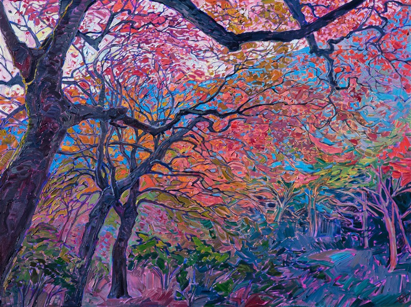 Rich hues of alizarin drip from the branches of these Japanese maple trees. This painting captures the magic and color of autumn with loose, impasto brush strokes of oil.</p><p>This painting was created on 1-1/2" canvas, with the painting continued around the edges. It has been framed in a custom gold floater frame and arrives ready to hang.