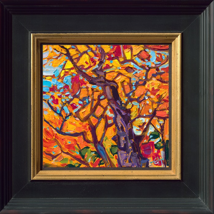 This miniature painting captures the vibrant oranges found in Kyoto's maple trees. The brush strokes are loose and expressive, making even a small canvas alive with motion and texture.</p><p>"Maple Petite" is an original oil painting on linen board. The piece arrives framed in a mock floater frame, pictured above.