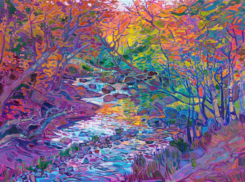 A rippling creek meanders between groves of maples and oak trees. The autumn hues are reflected in the ever-changing waters below. Each impressionistic brush stroke communicates the lively beauty of New England in the fall.</p><p>"Maple Reflections" is an original oil painting on gallery-depth canvas. The piece arrives framed in a contemporary gold floater frame finished in 23kt burnished gold leaf.