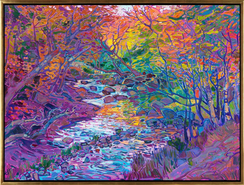 A rippling creek meanders between groves of maples and oak trees. The autumn hues are reflected in the ever-changing waters below. Each impressionistic brush stroke communicates the lively beauty of New England in the fall.</p><p>"Maple Reflections" is an original oil painting on gallery-depth canvas. The piece arrives framed in a contemporary gold floater frame finished in 23kt burnished gold leaf.