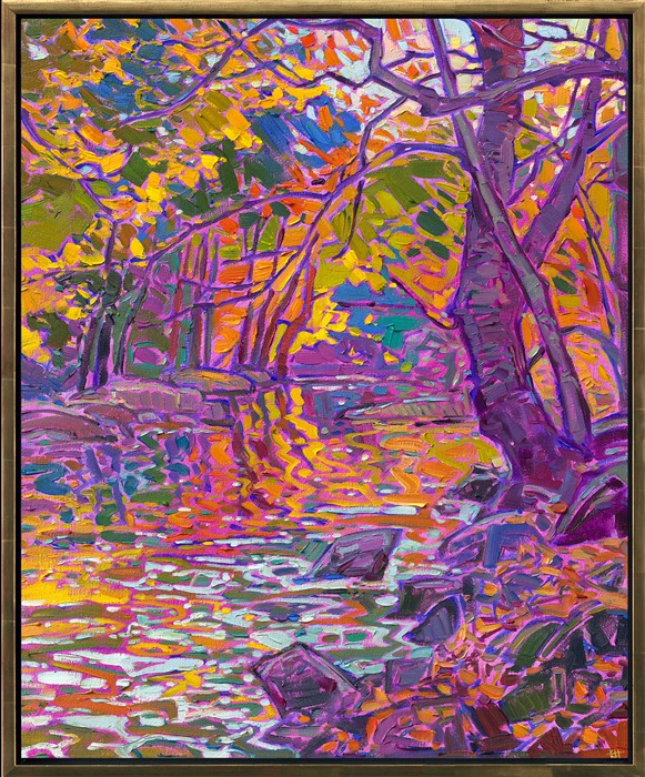 Loose, expressive brush strokes capture the vivid hues of east coast autumn color. The painting depicts a secluded vista of a quiet brook reflecting the yellow, red, and gold fall colors all around. </p><p>"Maple River" is an original oil painting on stretched canvas. The piece arrives framed in a classic gold floater frame, ready to hang.