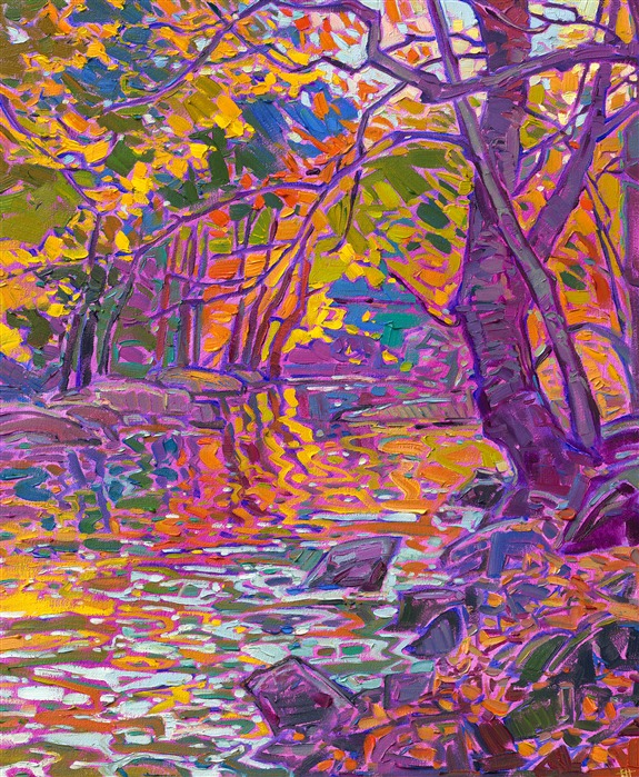 Loose, expressive brush strokes capture the vivid hues of east coast autumn color. The painting depicts a secluded vista of a quiet brook reflecting the yellow, red, and gold fall colors all around. </p><p>"Maple River" is an original oil painting on stretched canvas. The piece arrives framed in a classic gold floater frame, ready to hang.