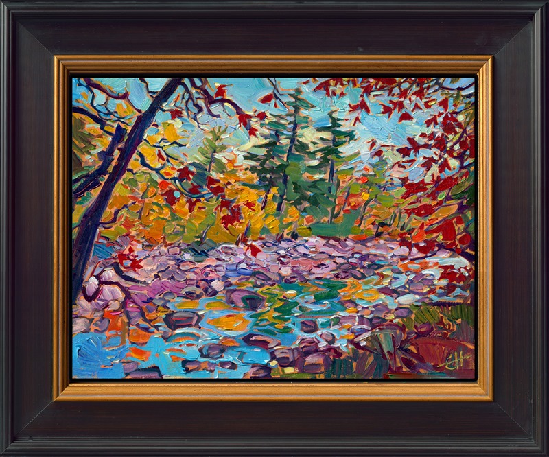 I went leaf peeping through New England a few years ago, and I am still finding inspiration among my photos of the White Mountains and other gorgeous locales. This painting captures red maple trees growing alongside a rocky creekbed in the White Mountains.