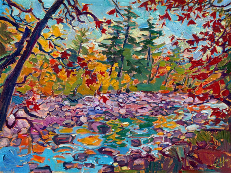 I went leaf peeping through New England a few years ago, and I am still finding inspiration among my photos of the White Mountains and other gorgeous locales. This painting captures red maple trees growing alongside a rocky creekbed in the White Mountains.