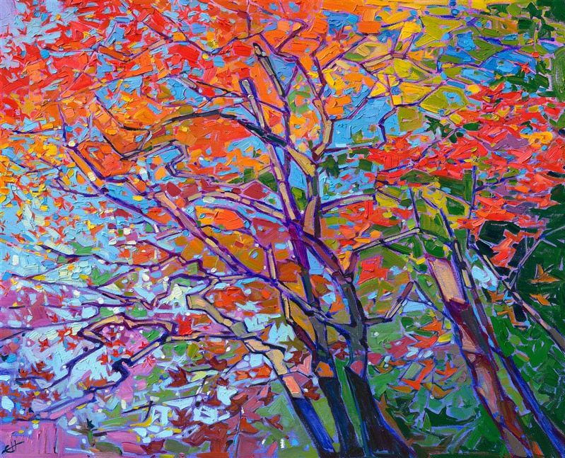 Rich hues of autumn gleam against a baby blue sky, in this painting of Japanese maple trees. The filigree-like leaves, small and delicate, create an interlacing pattern of color and texture in this impressionist oil painting.

"Maple Sky" was created on 1-1/2" deep linen. The oil painting arrives framed in a contemporary gold floater frame, ready to hang.