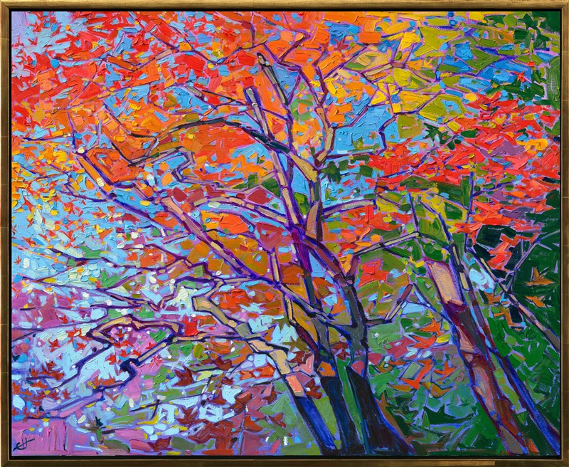 Rich hues of autumn gleam against a baby blue sky, in this painting of Japanese maple trees. The filigree-like leaves, small and delicate, create an interlacing pattern of color and texture in this impressionist oil painting.</p><p>"Maple Sky" was created on 1-1/2" deep linen. The oil painting arrives framed in a contemporary gold floater frame, ready to hang.