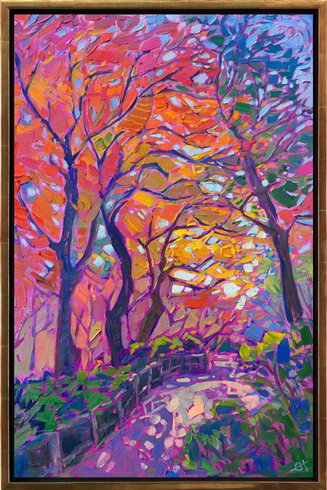 Rainbow hues of autumn blaze like the colors of sunset in this oil painting of Japanese maple trees. The brush strokes are thick and impressionistic, alive with color and texture.</p><p>"Maple Sunset" is an original oil painting done on linen board. The piece arrives framed and ready to hang.