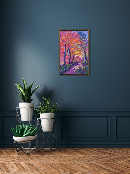 Rainbow hues of autumn blaze like the colors of sunset in this oil painting of Japanese maple trees. The brush strokes are thick and impressionistic, alive with color and texture.</p><p>"Maple Sunset" is an original oil painting done on linen board. The piece arrives framed and ready to hang.