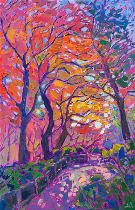 Rainbow hues of autumn blaze like the colors of sunset in this oil painting of Japanese maple trees. The brush strokes are thick and impressionistic, alive with color and texture.</p><p>"Maple Sunset" is an original oil painting done on linen board. The piece arrives framed and ready to hang.