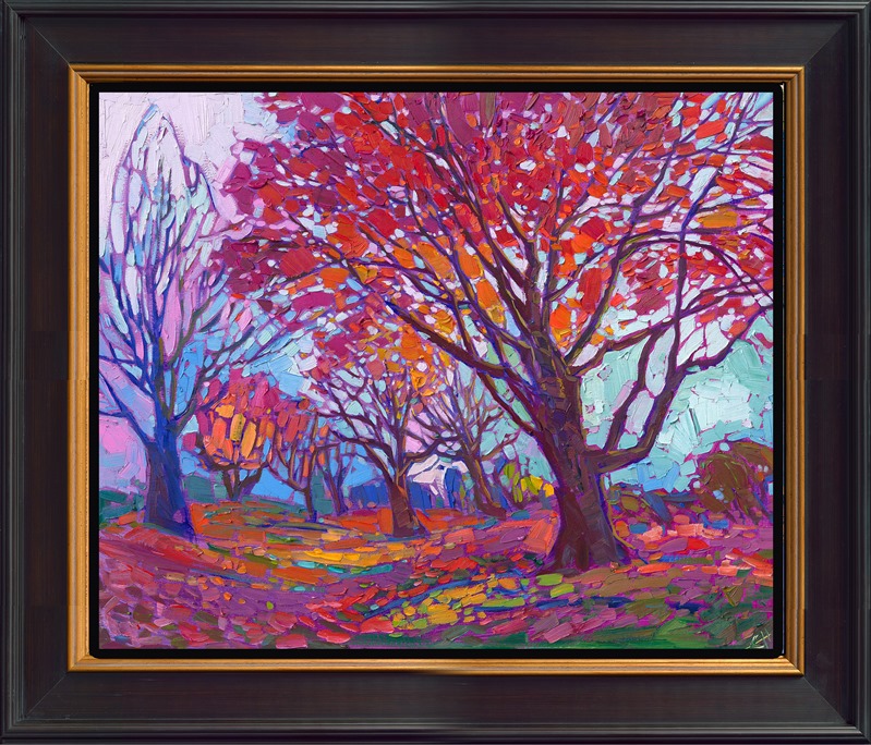 This petite oil painting brings the colors of fall to life with brush and canvas. Hanson's small works capture big scenery and joyful color with loose, expressive brush strokes in Hanson's iconic Open Impressionism style.</p><p>"Maple Trees" is an original oil painting on linen board. This piece arrives framed in a custom-made plein air frame (mock floater style, so the edges are uncovered). This painting will be displayed at The Erin Hanson Gallery in McMinnville as part of her annual Petite Show.