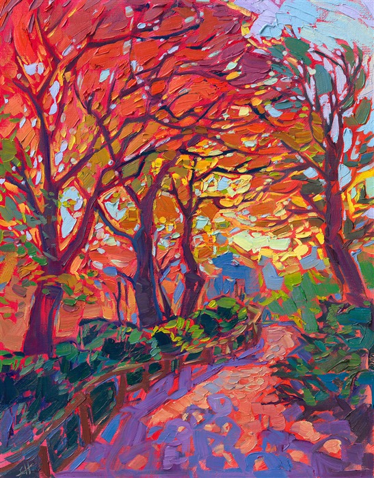 This petite painting captures the beautiful, vibrant colors of Kyoto's famous Japanese maple trees. The brush strokes are thick and luscious, almost edible looking! 

"Maple Walk" is an original oil painting on linen board. The piece arrives framed in a gold plein air frame, ready to hang.