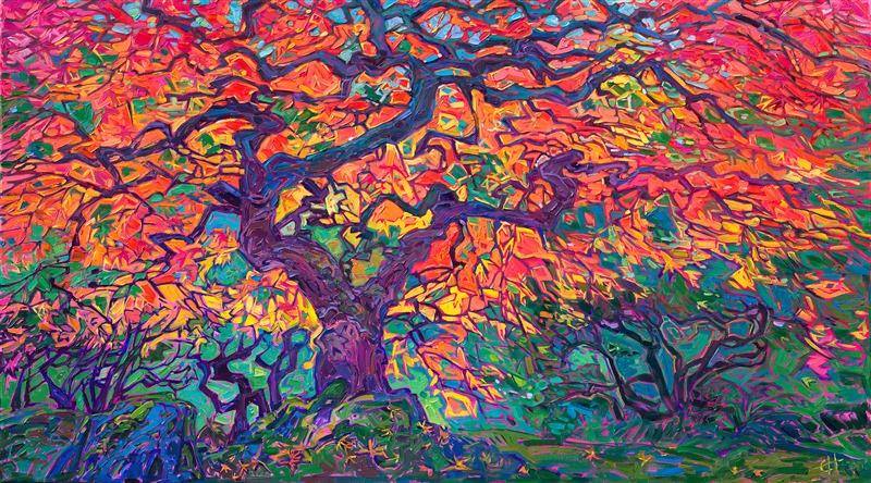 The famous maple tree at the Portland Japanese Garden is captured here in vivid hues of red, orange and gold. The gnarled, twisted branches create abstract shapes between the autumn leaves. Each brush stroke is thick and impressionistic, creating a mosaic of color and texture across the canvas.<br/>