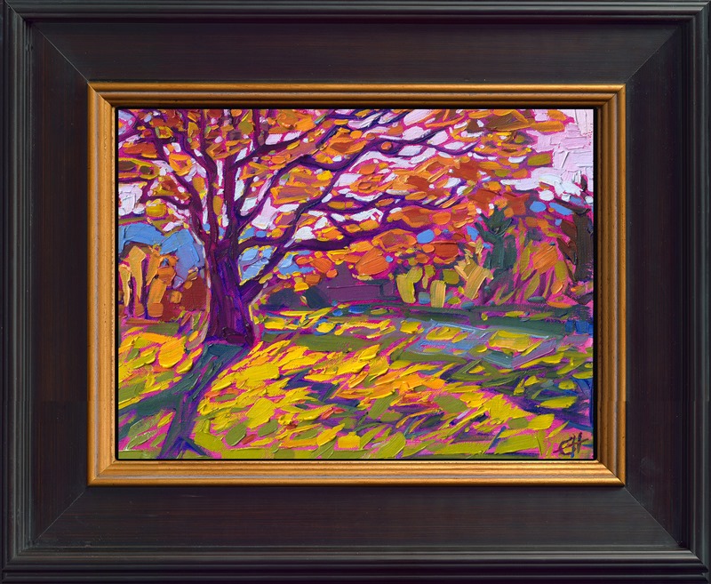 A stately oak tree casts late afternoon shadows across the apple-green, grassy hillside. Peeks of distant blue mountains pop out between the branches of the tree. This painting was inspired by the Blue Ridge Mountains in South Carolina. The brush strokes in this petite oil painting are loose and impressionistic, creating a mosaic of texture and color across the canvas.</p><p>"Maple in Petite" is an original oil painting created on linen board. The piece arrives framed in a black and gold plein air frame, ready to hang.