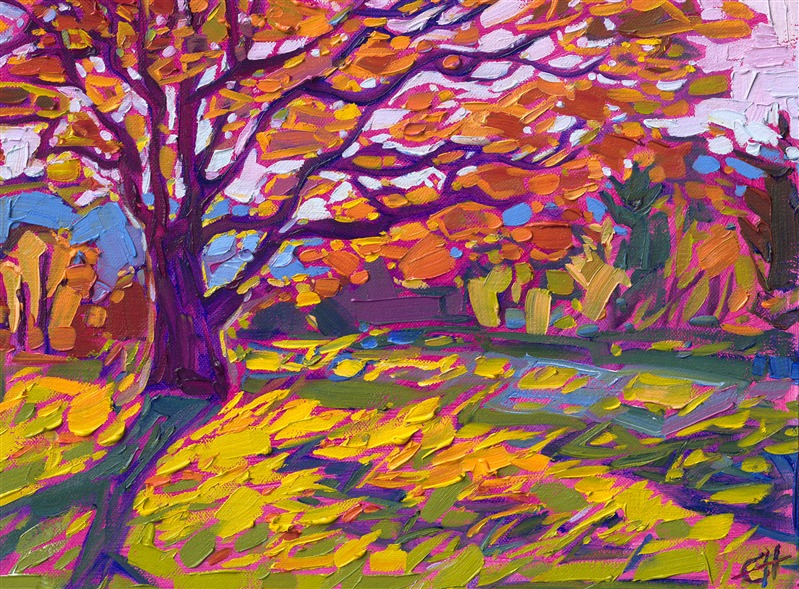 A stately oak tree casts late afternoon shadows across the apple-green, grassy hillside. Peeks of distant blue mountains pop out between the branches of the tree. This painting was inspired by the Blue Ridge Mountains in South Carolina. The brush strokes in this petite oil painting are loose and impressionistic, creating a mosaic of texture and color across the canvas.

"Maple in Petite" is an original oil painting created on linen board. The piece arrives framed in a black and gold plein air frame, ready to hang.