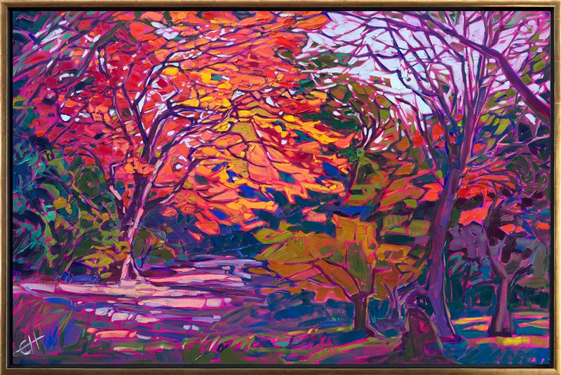 Brilliant colors of autumn are captured with wide, thick strokes of oil paint. The saturated colors of red, orange and yellow stand out starkly against the backdrop of verdant greens. This painting was inspired by Kyoto, Japan.</p><p>"Maple in Red" is an original oil painting, created in Erin Hanson's signature Open Impressionism style. The brush strokes are loose and impressionistic, creating a mosaic of color and texture across the canvas. The painting arrives framed in a contemporary gold floater frame, ready to hang.