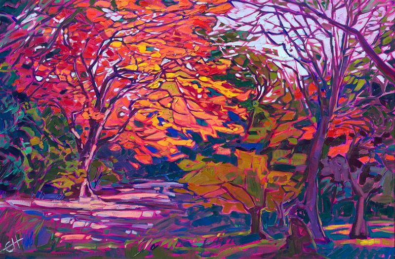 Brilliant colors of autumn are captured with wide, thick strokes of oil paint. The saturated colors of red, orange and yellow stand out starkly against the backdrop of verdant greens. This painting was inspired by Kyoto, Japan.</p><p>"Maple in Red" is an original oil painting, created in Erin Hanson's signature Open Impressionism style. The brush strokes are loose and impressionistic, creating a mosaic of color and texture across the canvas. The painting arrives framed in a contemporary gold floater frame, ready to hang.