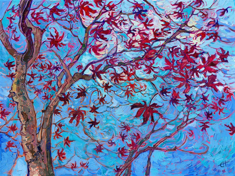 I was out for a walk last week, breathing in the cold crisp air of January in Oregon, and I saw this beautiful maple tree with a few leaves still clinging to the branches. The dark red leaves looked so playful and bright against the winter blue sky. This paintings captures everything I love about this time of year.