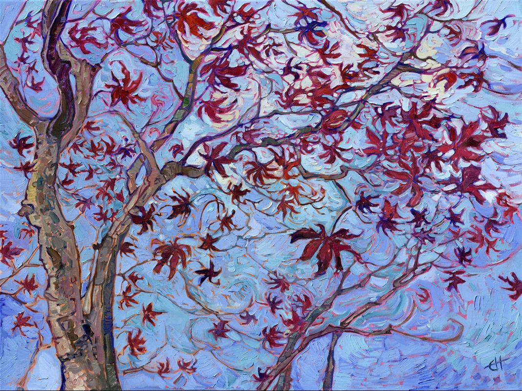 I was out for a walk last week, breathing in the cold, crisp air of January in Oregon, and I saw this beautiful maple tree with a few leaves still clinging to the branches. The dark red leaves looked so playful and bright against the winter blue sky. This painting captures everything I love about this time of year.