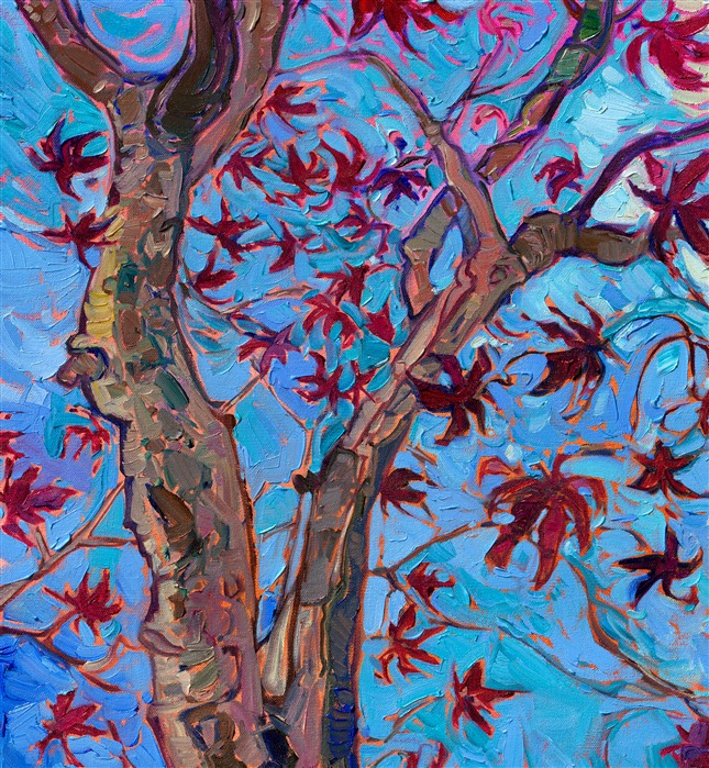 I was out for a walk last week, breathing in the cold, crisp air of January in Oregon, and I saw this beautiful maple tree with a few leaves still clinging to the branches. The dark red leaves looked so playful and bright against the winter blue sky. This painting captures everything I love about this time of year.