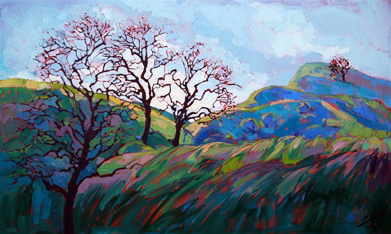 Oak trees march over the hills of Calabasas, beckoning you to follow them over the ridge. The unique technique of this oil painting captures the colors and movement of the landscape with a thick, mosaic style of brush stroke.