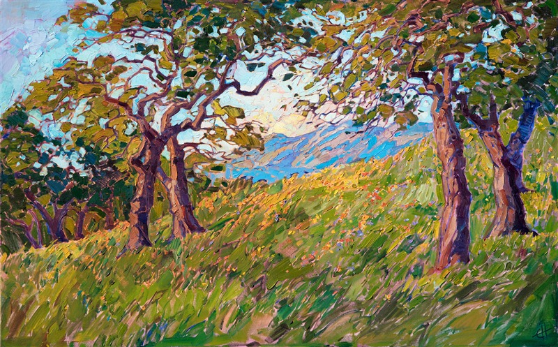 Mariposa oak trees tangle their leaves together over a bed of wildflowers, the entire landscape drenched in spring green.  The painting is alive with motion and texture, the impasto brush strokes drawing you deeper into the painting.

This painting was created on 1-1/2" deep canvas, with the painting continued around the edges.  The painting arrives framed in a carved floater frame designed for the painting.