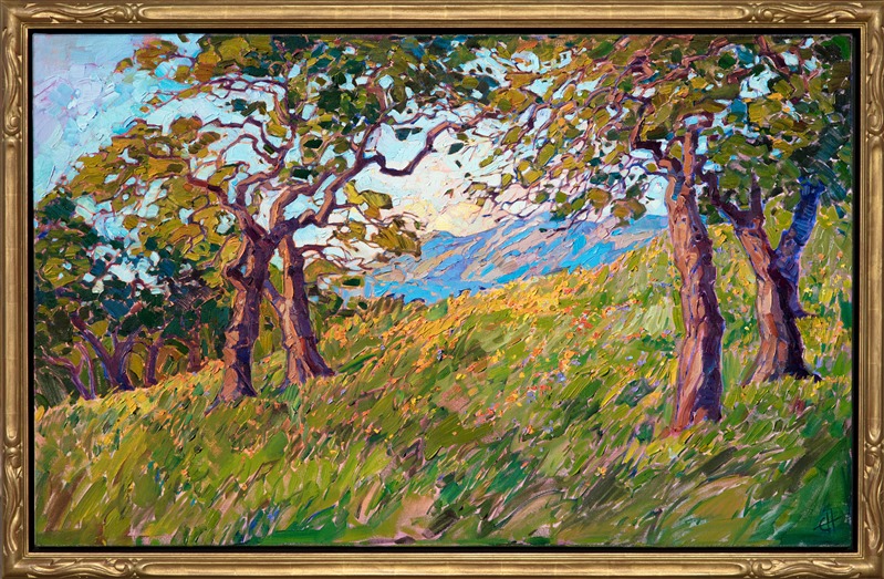 Mariposa oak trees tangle their leaves together over a bed of wildflowers, the entire landscape drenched in spring green.  The painting is alive with motion and texture, the impasto brush strokes drawing you deeper into the painting.</p><p>This painting was created on 1-1/2" deep canvas, with the painting continued around the edges.  The painting arrives framed in a carved floater frame designed for the painting.